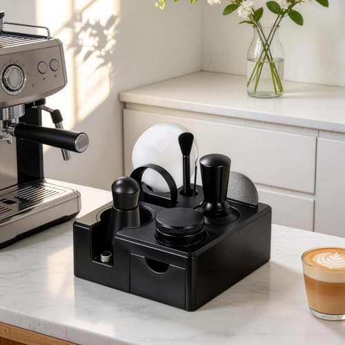 51mm Espresso Accessories Kit, Espresso Knock Box and Tamping Station, Coffee Tamper, Distributor, WDT Distribution Tool, Dosing Funnel and Puck Screen Set Fits Delonghi 51mm Portafilter by willbuy