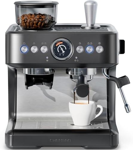 Chefman Crema Deluxe Espresso Machine with Double Boiler, Use Milk Frother and Brew Espresso Simultaneously, Professional Coffee Maker with Coffee Grinder and Steam Wand, 30 Grind Settings by Chefman