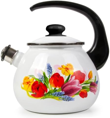 Enamel Kettle with Whistle 2.7 Qt (2.5 L) Stovetop Kettle with Ergonomic Handle, Enameled Steel Tea Pot for Stove Top, Vintage Kitchen Tea Kettle, Dishwasher and Induction Safe (Spring Bouquet) by STP-Goods