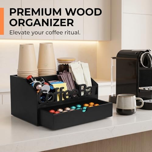 Coffee Bar Organizer Countertop, Wooden Coffee Station with Black Drawer - Image 3
