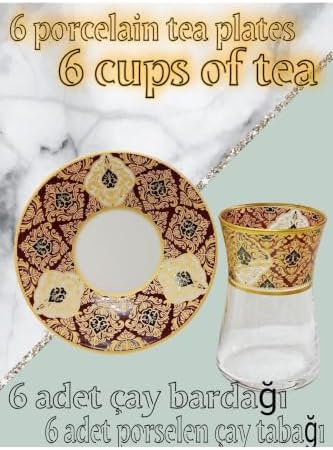 Porcelain Tea Set for 6 Persons with Burgundy Hebeli Design, Glass Cups, 6-Piece Set for refined Tea Parties, Dishwasher Safe for Easy Cleaning, Premium Turkish Craftsmanship - Burgundy Hebeli - Image 2