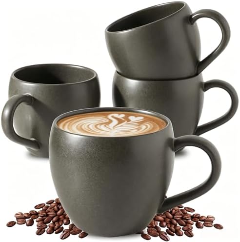 Coffee Mugs Set of 4, Black 16 oz Coffee Mugs for Latte Cappuccino Cocoa and Tea, Ceramic Coffee Cups With Handle,Stoneware Mugs for Housewarming Gifts, Microwave＆Dishwasher Safe by Tikooere