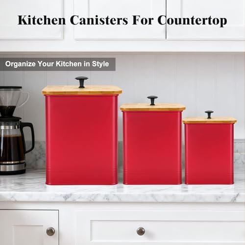 Kitchen Canisters Set of 3, Metal Flour Sugar Storage Containers with Airtight Lids-Canisters Sets for Kitchen with Customizable Chalkboard Labels & Marker Pen-Spice, Coffee Storage Jars(Red) - Image 3