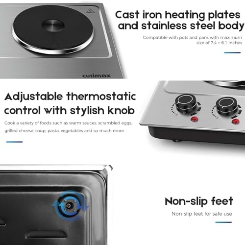 CUSIMAX 1800W Double Hot Plate, Stainless Steel Silver Countertop Burner Portable Electric Double Burners Electric Cast Iron Hot Plates Cooktop, Easy to Clean, Upgraded Version C180N - Image 3
