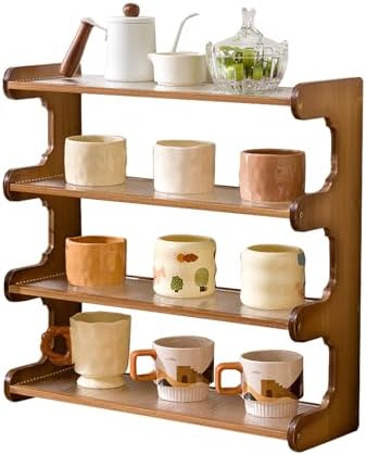 Wooden Mug Display Holder, Bamboo Wood Coffee Mug Organizer Countertop, Counter Shelf for Tea Coffee Bar Accessories, Matcha Stand, Kitchen Condiment Storage Rack,4tier,20.28IN by Unknown