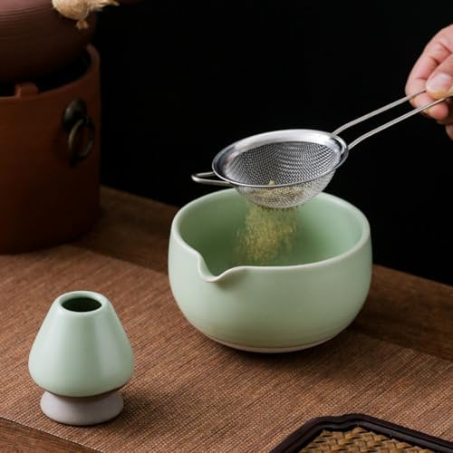 Black Japanese Matcha Tea Set of 7 Ceremony Matcha Kit with Matcha Bowl(Chawan) with Pouring Spout, Matcha Whisk (Chasen), Scoop (Chashaku), Ceramic Whisk Holder, Scoop Stand，Sifter,Tea Napkin - Image 5