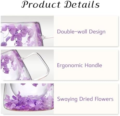 Double Wall Glass Coffee Mug with Dry Flowers, 200ml Clear Tea Cup(Purple) - Image 4