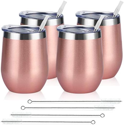 Lifecapido 4 Pack 12Oz Stainless Steel Stemless Wine Glasses, Insulated Wine Tumbler, Stainless Steel Wine Tumbler Cups with Lids and Straws for Coffee, Cocktails, Wine, Champaign, Rose Gold… by Lifecapido