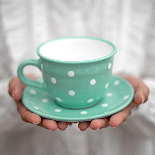 City to Cottage Handmade Teal Blue and White Polka Dot Large Ceramic 12oz/350ml Cappuccino Coffee Tea Cup and Saucer, Unique Designer Pottery for Tea Lovers by CitytoCottage