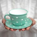 City to Cottage Handmade Teal Blue and White Polka Dot Large Ceramic 12oz/350ml Cappuccino Coffee Tea Cup and Saucer, Unique Designer Pottery for Tea Lovers by CitytoCottage