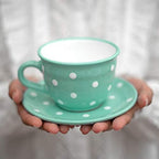 City to Cottage Handmade Teal Blue and White Polka Dot Large Ceramic 12oz/350ml Cappuccino Coffee Tea Cup and Saucer, Unique Designer Pottery for Tea Lovers by CitytoCottage