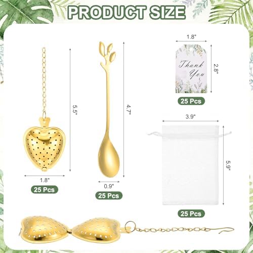 uxcell 25 Set Bridal Shower Tea Party Favor for Leaf Spoon Heart Shape Infuser Ball with Thank You, Card Mesh Bag, for Wedding Souvenir Gift, Tea Accessories, Return Gift, Gold - Image 2