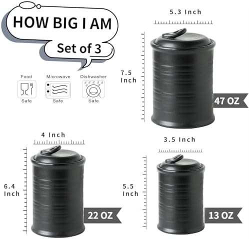 Nihow Food Storage Jar,Ceramic Canister Sets for The Kitchen,Set of 3,Black - Image 2