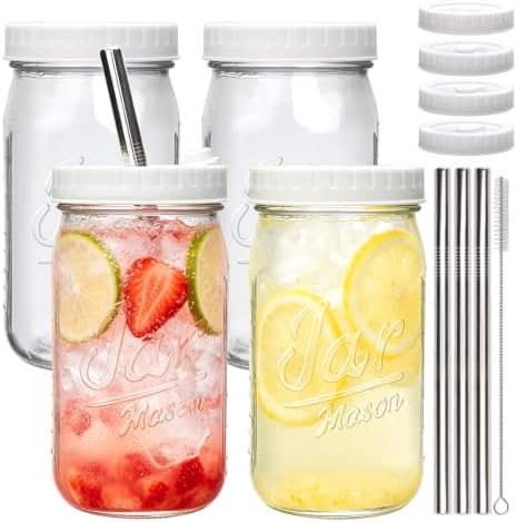 Mapoxy 32oz Mason Jars Cups with Plastic Lids & Straws 4 Pack by Mapoxy
