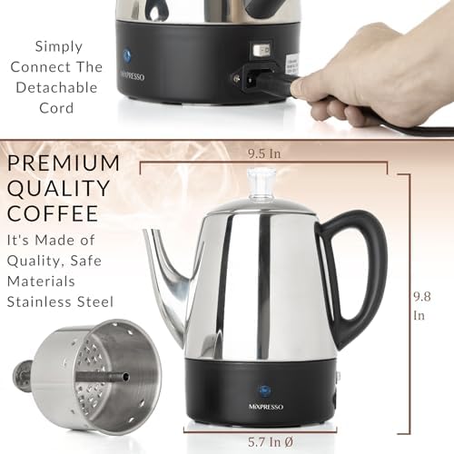 Mixpresso 4 Cup Small Electric Percolator Coffee Pot, Stainless Steel - Image 2
