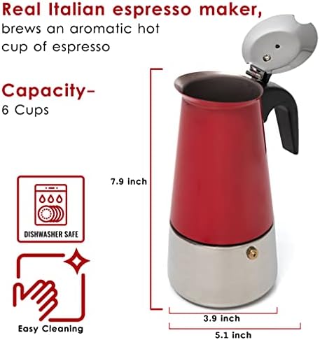 Mixpresso Stovetop Espresso Coffee Maker 10oz/6 Espresso Cup, Moka Coffee Pot with Coffee Percolator Design, Stainless Steel Stovetop Espresso Maker, Italian Coffee Maker, Bundle With 3 Piece Red Can - Image 3