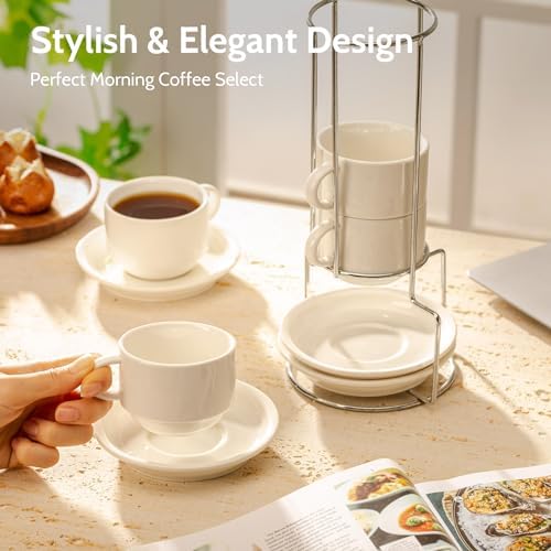 Sweese 8 Ounce Porcelain Stackable Cappuccino Cups with Saucers and Metal Stand - for Specialty Coffee Drinks, Cappuccino, Latte, Americano and Tea - Set of 4, White - Image 3