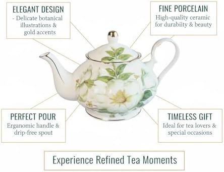 22oz Floral Ceramic Teapot (Suitable for 1 to 3 people) – Vintage Gold Rim Tea Pot for Loose Leaf, Blooming Tea & Coffee, Elegant Teapot for Tea Party, Flower Design (White Camellia) - Image 7