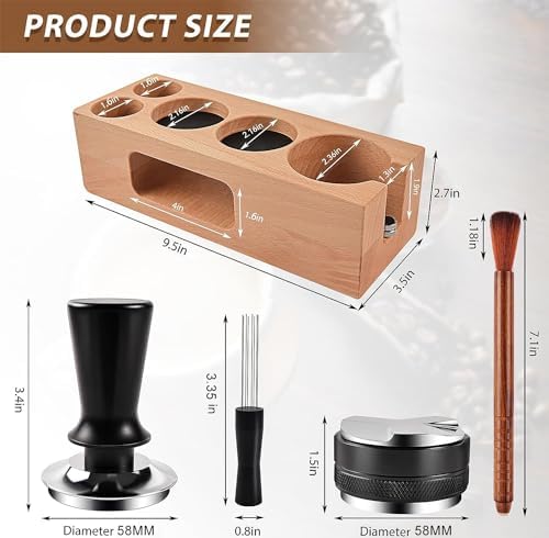 Espresso Accessories Kit 5-PCS Including Wooden Portafilter Station Organizer | 58MM Coffee Distributor | 58MM Tamper Press | WDT Stirrer Needle | Coffee Mat Brush, Multipurpose Espresso Tools - Image 2