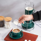 8 Ounce Stackable Cappuccino Cups with Saucers and Metal Stand - Image 4