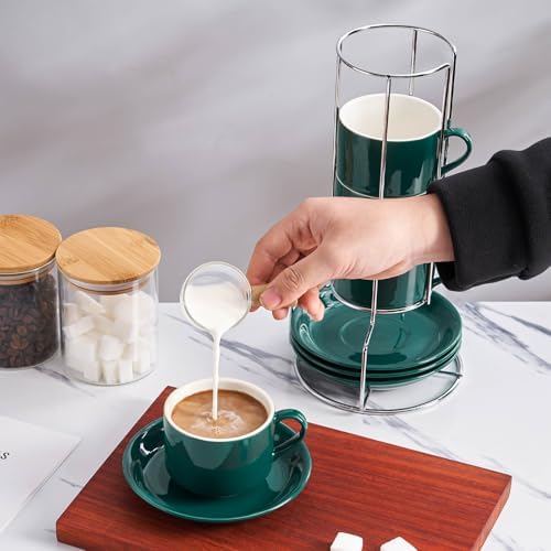 8 Ounce Stackable Cappuccino Cups with Saucers and Metal Stand - Image 4
