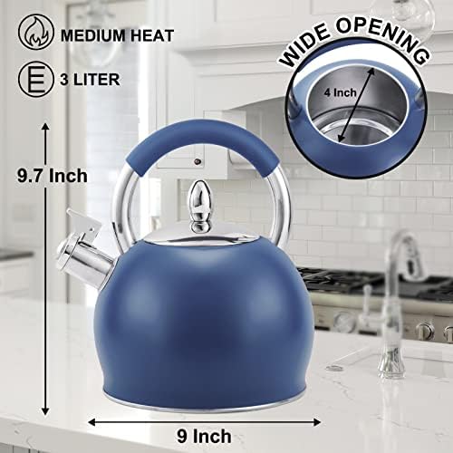 Whistling Tea Kettle for Stove Top Stainless Steel Tea Pot with Ergonomic Silicone Handle Teapot for Stovetop 3.2 Quart / 3 Liter Blue - Image 3