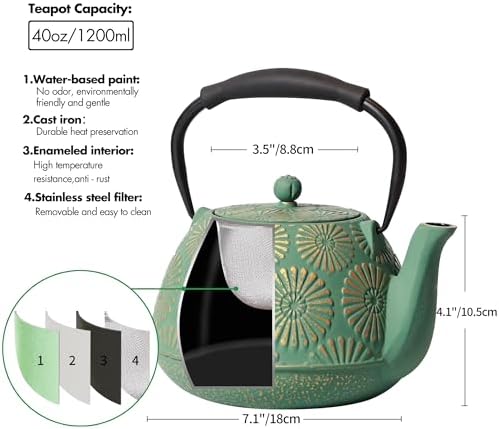 Cast Iron Teapot, 40oz Tea Kettle with Infuser for Stove Top, Sakura Design Japanese Tea Pot for Loose Leaf Coated with Enameled Interior, Silicone Handle 1200ml Green - Image 5