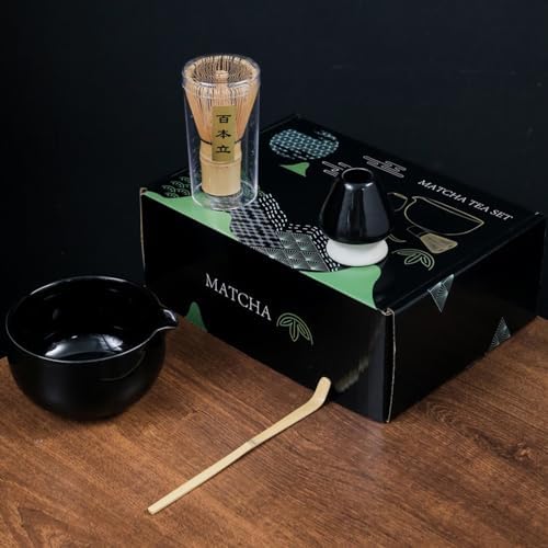 Black Japanese Matcha Tea Set of 4 Ceremony Matcha Kit with Matcha Bowl(Chawan) with Pouring Spout, Matcha Whisk (Chasen), Scoop (Chashaku) for Japanese Tea Ceremon by Auerhceram