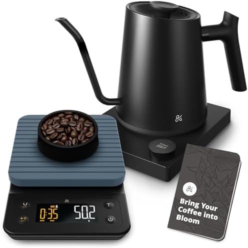 Greater Goods Electric Gooseneck Kettle and Coffee Scale, Designed in St. Louis. Onyx Black/Stone Blue. by GreaterGoods