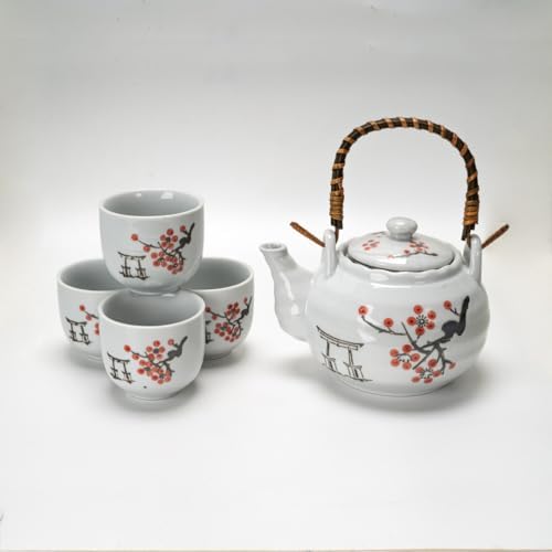 Urban Tokyo Japanese Cherry Blossom Torii Gate Design Tea Set, 22 oz Ceramic Teapot with 4 Cups, White with Bamboo Handle - Image 4