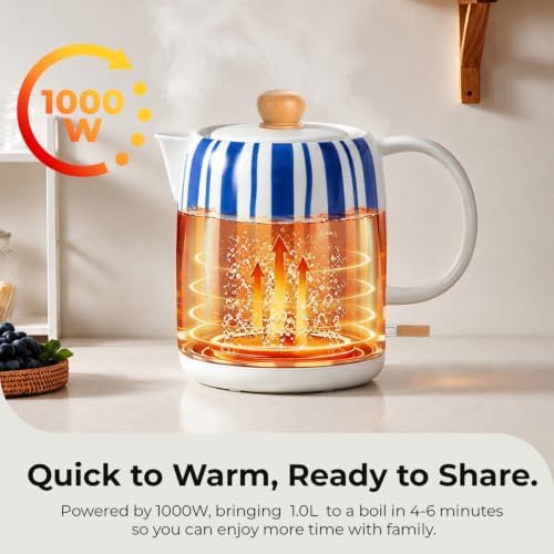 Hand-Painted Blue Striped Ceramic Electric Kettle 1.0L - 1000W Fast Boil with Wooden Lid, Auto Shut-Off & Boil-Dry Protection for Coffee and Tea - Image 6