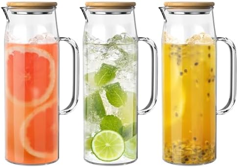 3 Sets Glass Pitcher with Lid, 50 oz / 1500 ml Water Carafe with Handles Hot Cold Beverage Water Jar Glass Jug (Bamboo lid) by Quald