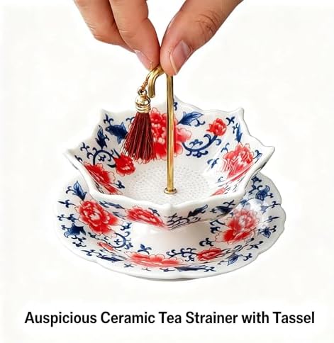 Chinese Blue and White Porcelain Tea Infuser - Umbrella Shape Ceramic Loose Leaf Tea Strainer with Rotating Filter, Traditional Kung Fu Accessories, Elegant Kung Fu Brewing Tool for Teapot or Cup(Red) - Image 3