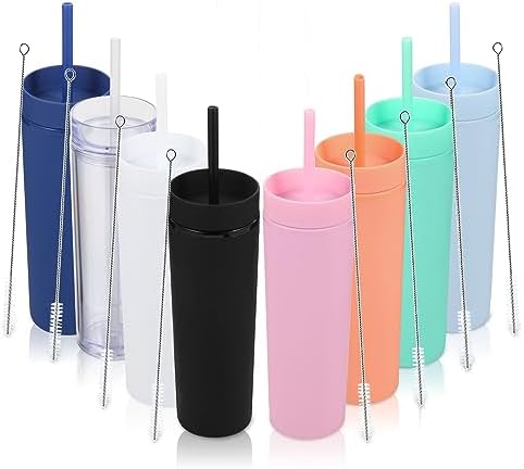 Volhoply 16oz Plastic Skinny Tumbler with Lid and Straw Bulk 8 Pack,Insulated Double Wall BPA Free Matte Acrylic Tumblers,Iced Coffee Travel Reusable Party Cup,Customizable Diy Gifts(Assorted,8 Set) by LiveFully%EF%BC%8CDrinkFreely%E2%80%94KeepGoingwithVolhoply%EF%BC%81