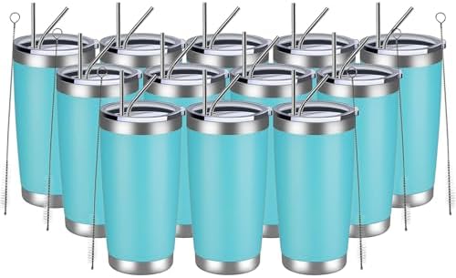 MEWAY 20oz Tumbler 12 Pack Double Wall Vacuum Insulated Travel Mug Bulk, Stainless Steel Tumblers with Lid and Straw, Durable Powder Coated Coffee Cups for Cold & Hot Drinks (Blue, 12) by MEWAY