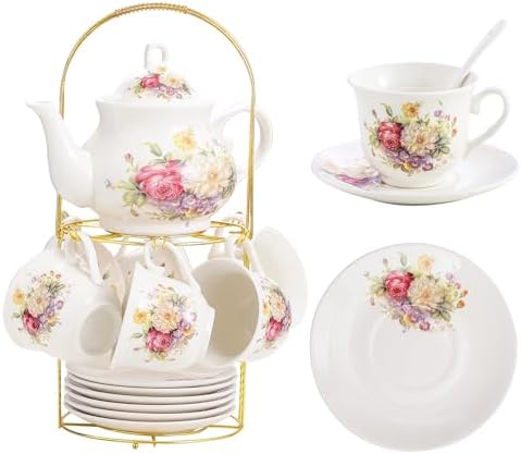 20-Pieces Porcelain Tea Sets For Women, Tea Set For Adult with Golden Metal Rack,Tea Gift Sets for Home&Party(012) by TATSUMI