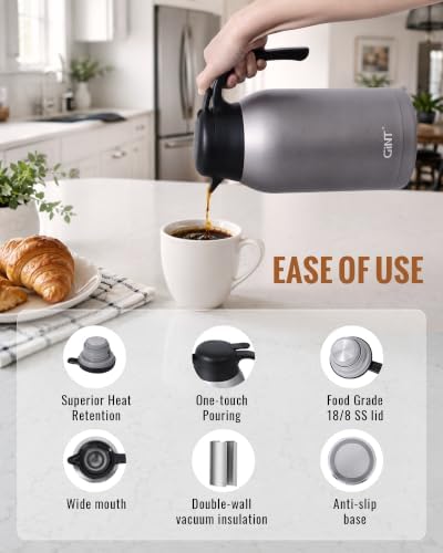 GiNT 74oz Thermal Coffee Carafe, Insulated Carafe for Hot Liquids(Grey) - Image 3