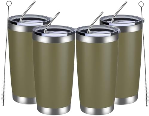 MEWAY 20oz Tumbler 4 Pack Double Wall Vacuum Insulated Travel Mug Bulk, Stainless Steel Tumblers with Lid and Straw, Durable Powder Coated Coffee Cups for Cold & Hot Drinks (Army Green, 4) by MEWAY