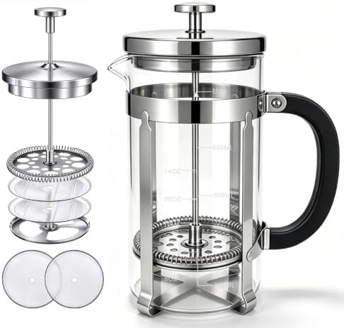 French Press Coffee Maker 304 Stainless Steel Double Mesh Filter, Borosilicate Glass French Press-34oz silver by psavgla