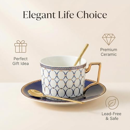 CwlwGO-Bone China Cups & Saucers Set 2, (7 oz) with Gold Spoon and Gifts Box, White Tea Cups Sets, Cappuccino Cups, Ceramic British Coffee Cup Set. - Image 5