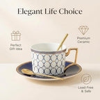 CwlwGO-Bone China Cups & Saucers Set 2, (7 oz) with Gold Spoon and Gifts Box, White Tea Cups Sets, Cappuccino Cups, Ceramic British Coffee Cup Set. - Image 5