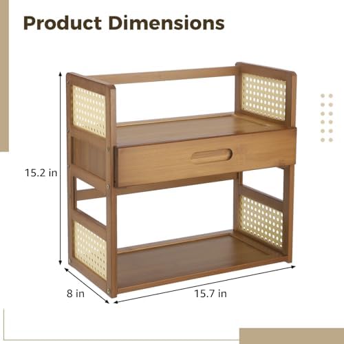 2 Tier Matcha Station Organizer with Drawer,15.75" x 7.87" x 15.35" Bamboo Mug Stand Shelf, Home Coffee Station Organizer for Whisk Set Bowl Cup Kitchen Countertops Bars - Image 4