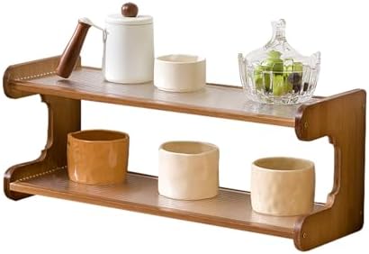 Wooden Mug Display Holder, Bamboo Wood Coffee Mug Organizer Countertop, Counter Shelf for Tea Coffee Bar Accessories, Matcha Stand, Kitchen Condiment Storage Rack,2tier,20.28IN by Unknown