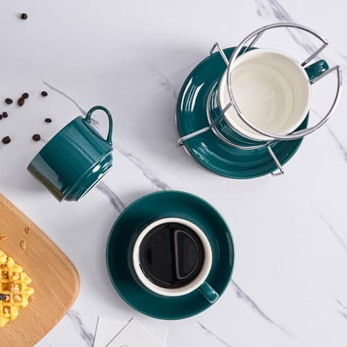 8 Ounce Stackable Cappuccino Cups with Saucers and Metal Stand - Image 5
