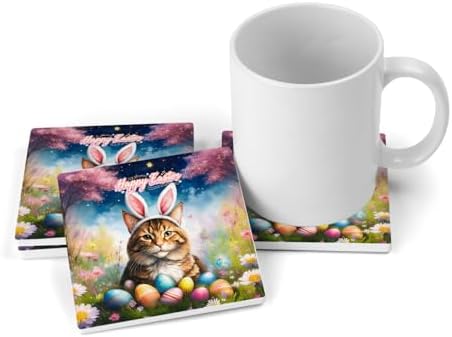 Happy Easter Maine Coon with Bunny Ear Headband and Flowers Set of 4 Stone Coasters Cat Lover Kitten Owner Gifts 4x4in Absorbent Soapstone Coaster 13001 - Image 3