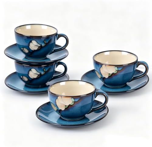 8 Oz Floral Porcelain Cappuccino Cups with Saucers Set of 4, Stoneware Tea Coffee Mugs for Home Kitchen & Office, Dishwasher Microwave Oven Safe, for Espresso, Latte, Americano, Milk & Tea, Dark Blue by WHITEPENOY