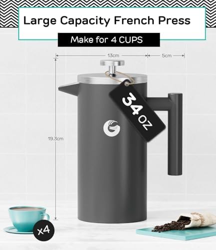 Coffee Gator French Press Coffee Maker 34oz, Double Insulated Stainless Steel Silver and Gray - Image 6