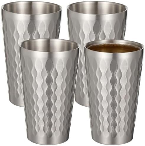 OMISTAR 4 Pcs Stainless Steel Double Wall Cups 15 oz, Korean Hammered Insulated Metal Cup, Unbreakable Stackable Water Tumblers for Beer, Beverage, Parties, Silver by OMISTAR