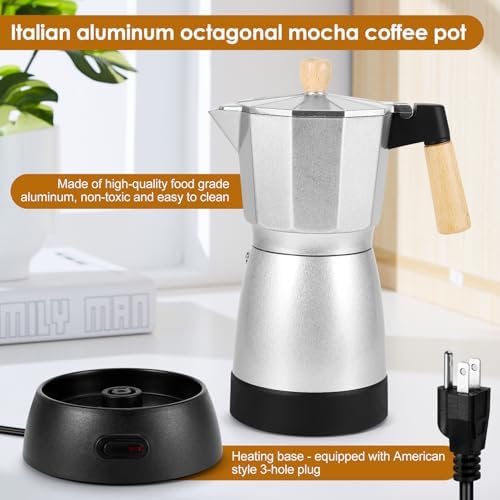 Moka Pot Electric Espresso Coffe Maker, 300ml 6 Cups Portable Coffee Pot with Overheat Protection and Detachable Base, Electric Espresso Maker, 450W, Silver - Image 3