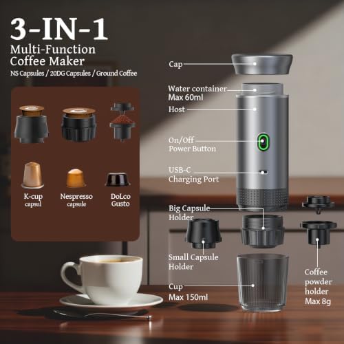 Portable Coffee Maker, 20-Bar 3-in-1 Travel Coffee Machine with 7500mAh Battery, Compatible with Ground Coffee & Capsules for Camping, RV, Hiking, Car & Office - Image 6